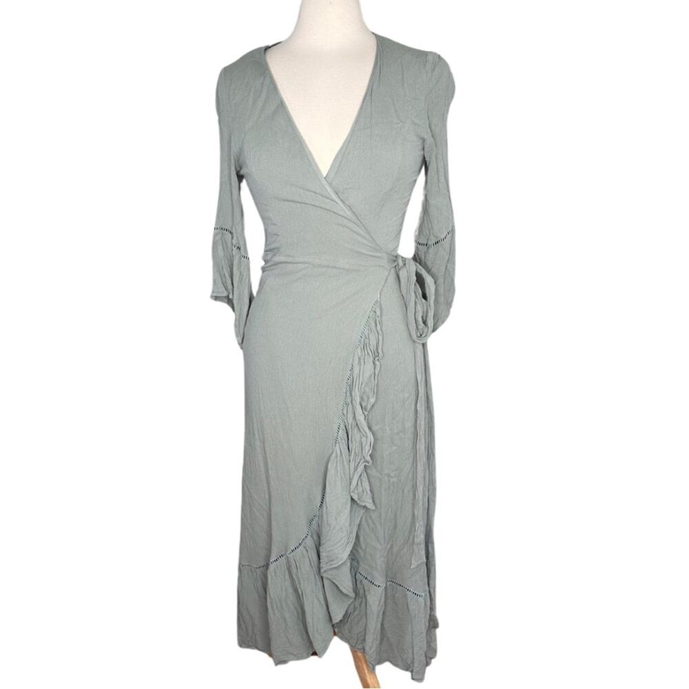 In Loom Aqua Mint Green Boho Wrap Tie MIDI Dress High Low U10